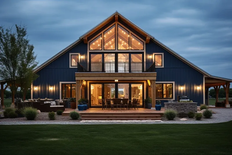 Navy blue barndominium with a lit glass gable end, upper balcony, and timber-framed porch at dusk