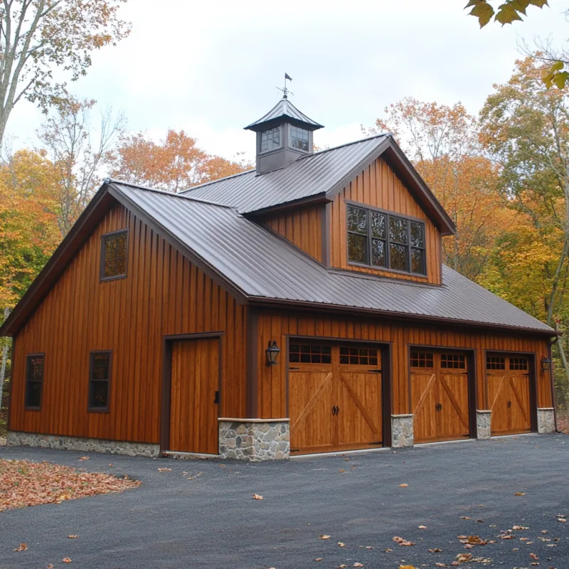Wood-sided three-car pole barn garage with carriage-style doors, stone wainscot, and a cupola