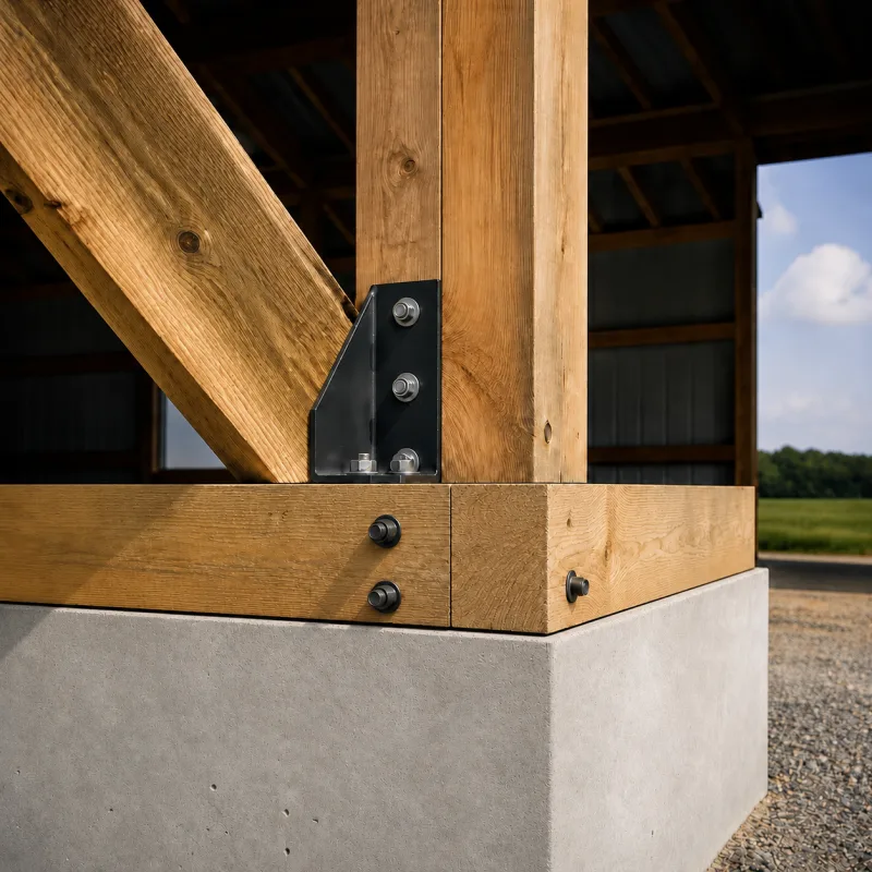 Close-up of a laminated post-frame column anchored to a concrete pier with a steel bracket